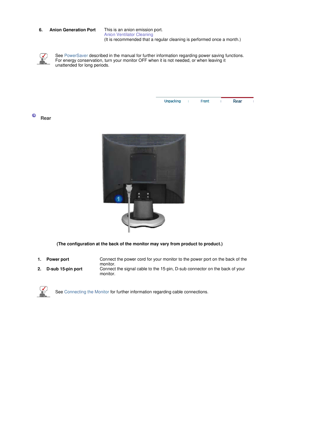 Samsung LS17GSEKS/EDC manual Rear, Sub 15-pin port 