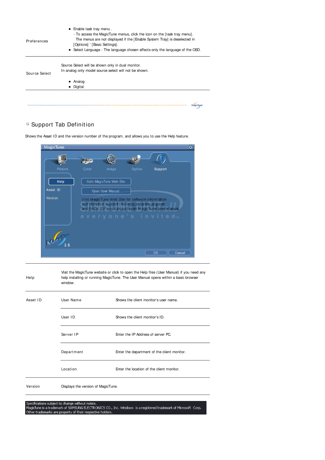 Samsung LS17GSEKS/EDC manual Support Tab Definition, Preferences 