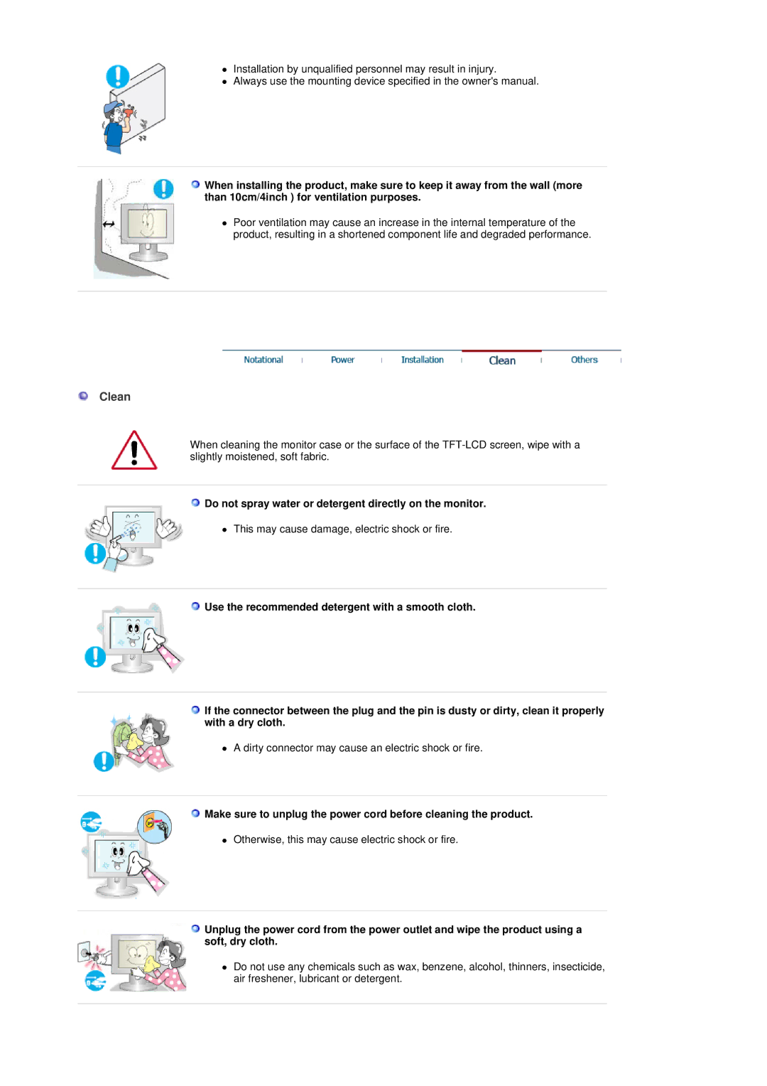 Samsung LS17GSEKS/EDC manual Clean, Do not spray water or detergent directly on the monitor 