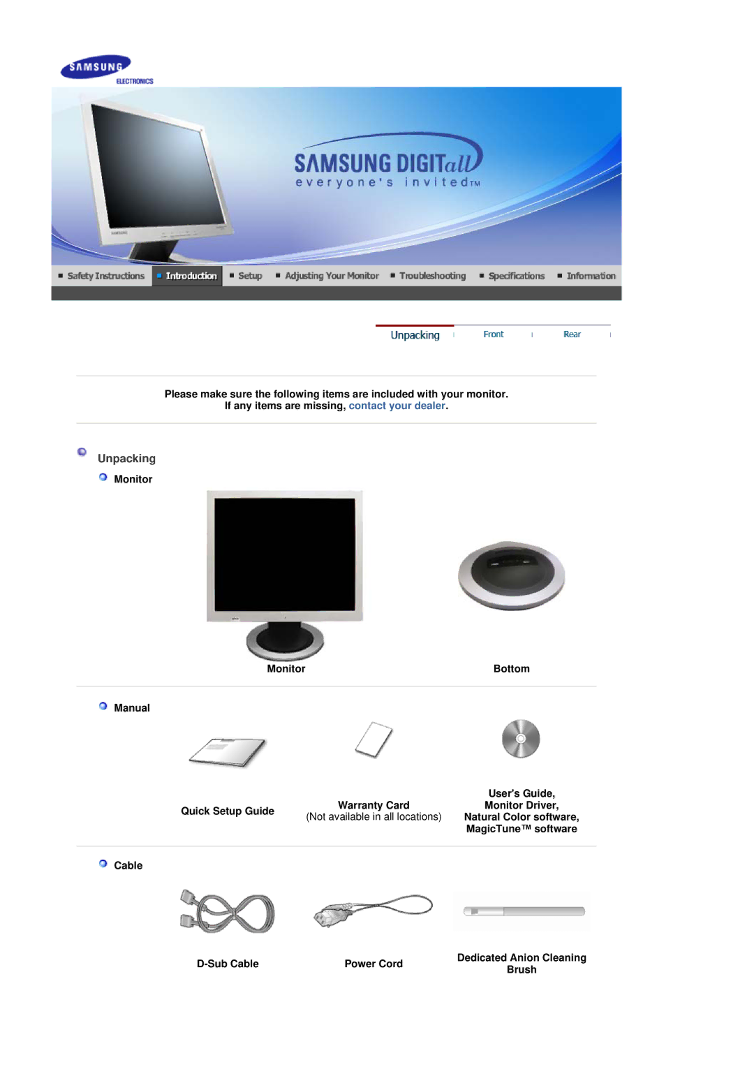 Samsung LS17GSEKS/EDC manual Unpacking, Monitor Bottom Manual, Quick Setup Guide, Not available in all locations 