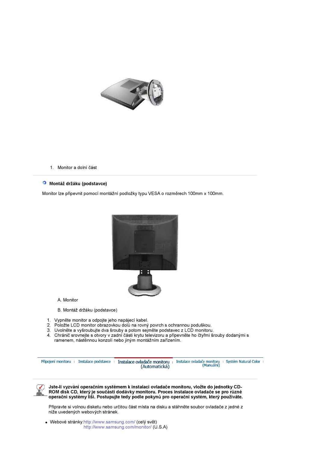 Samsung LS17GSEKS/EDC manual Montáž držáku podstavce 