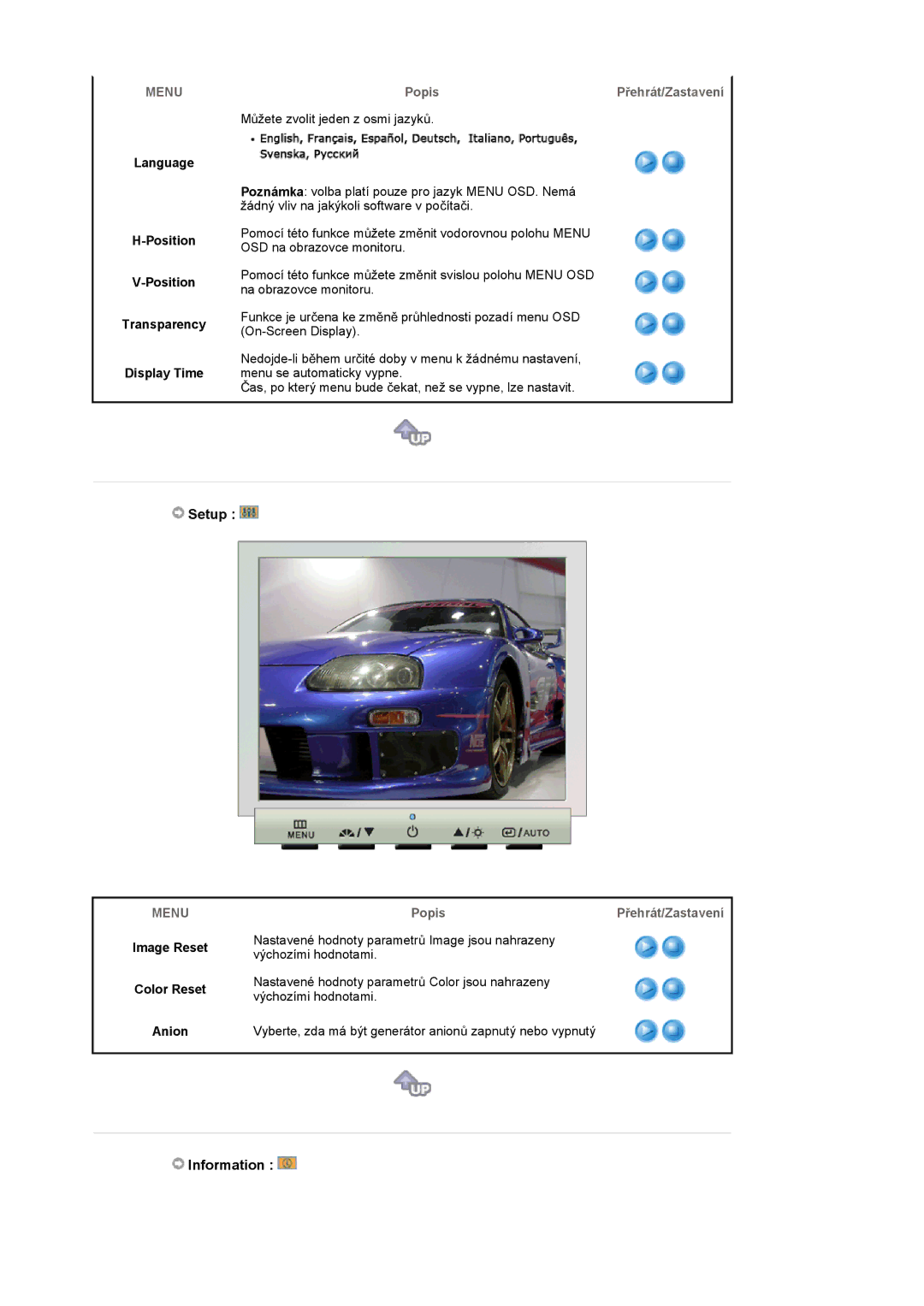 Samsung LS17GSEKS/EDC manual Setup, Information, Language Position Transparency Display Time, Image Reset Color Reset Anion 