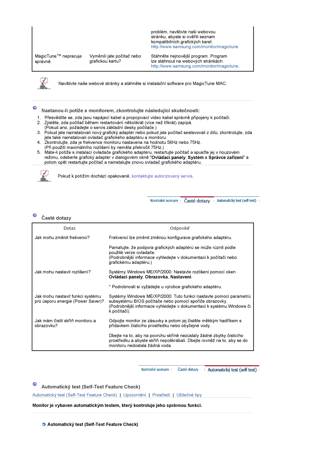 Samsung LS17GSEKS/EDC manual Časté dotazy, Automatický test Self-Test Feature Check, Ovládací panely, Obrazovka, Nastavení 