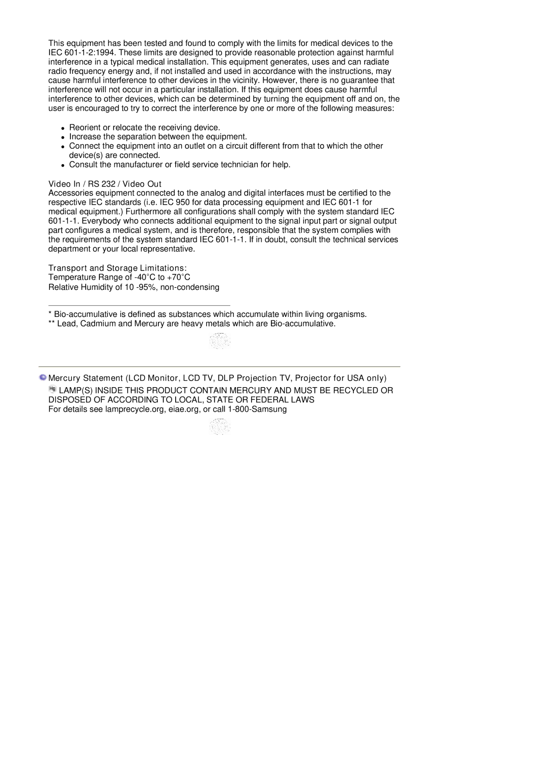 Samsung LS17GSEKS/EDC manual Video In / RS 232 / Video Out, Transport and Storage Limitations 