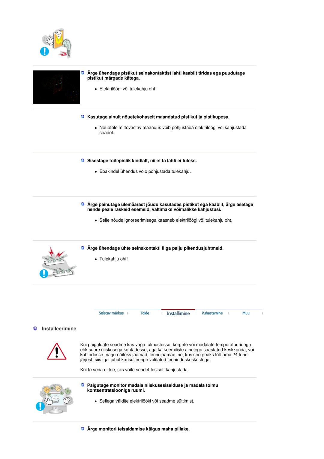 Samsung LS17GSEKS/EDC manual Installeerimine, Sisestage toitepistik kindlalt, nii et ta lahti ei tuleks 