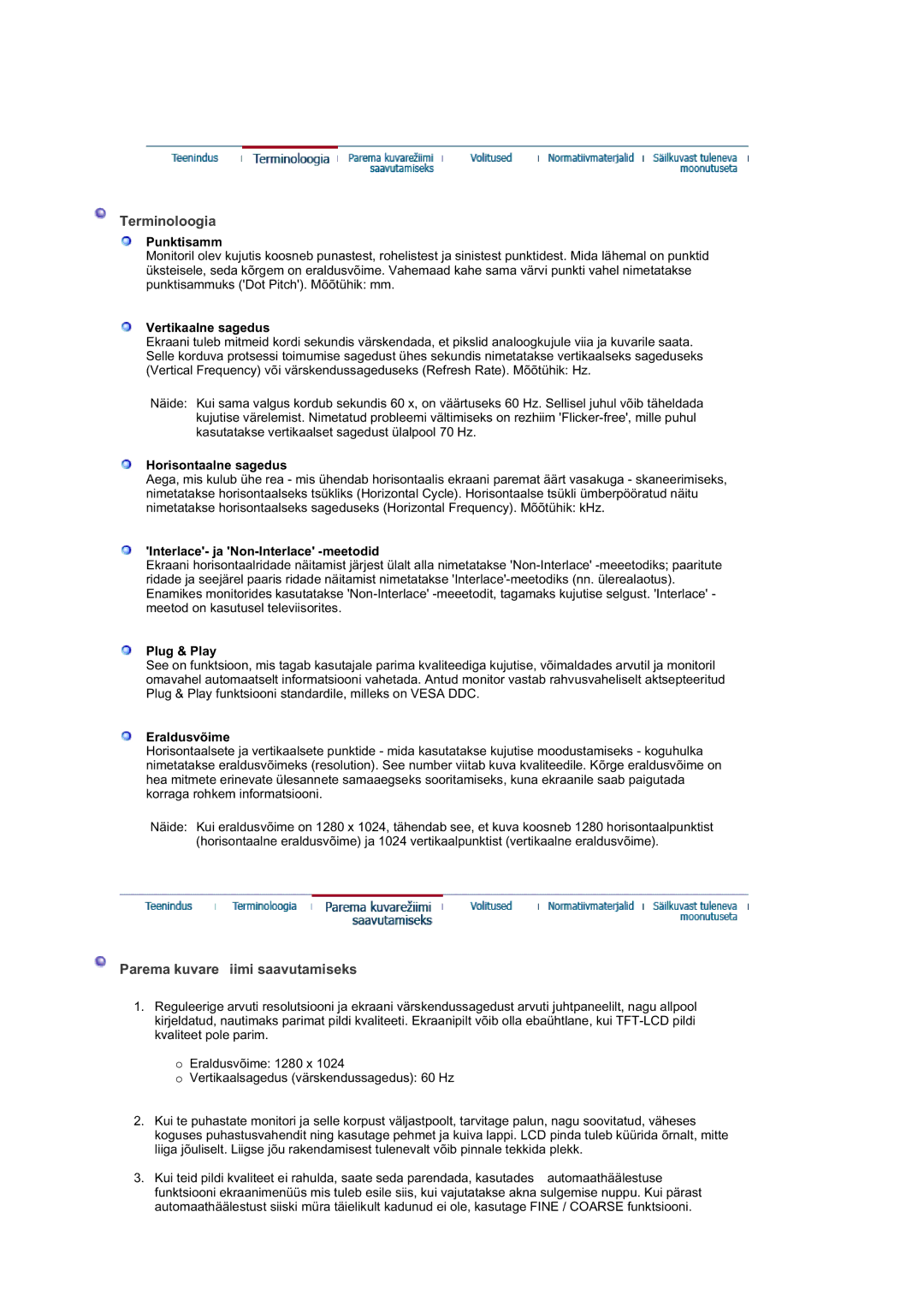 Samsung LS17GSEKS/EDC manual Terminoloogia, Parema kuvare iimi saavutamiseks 