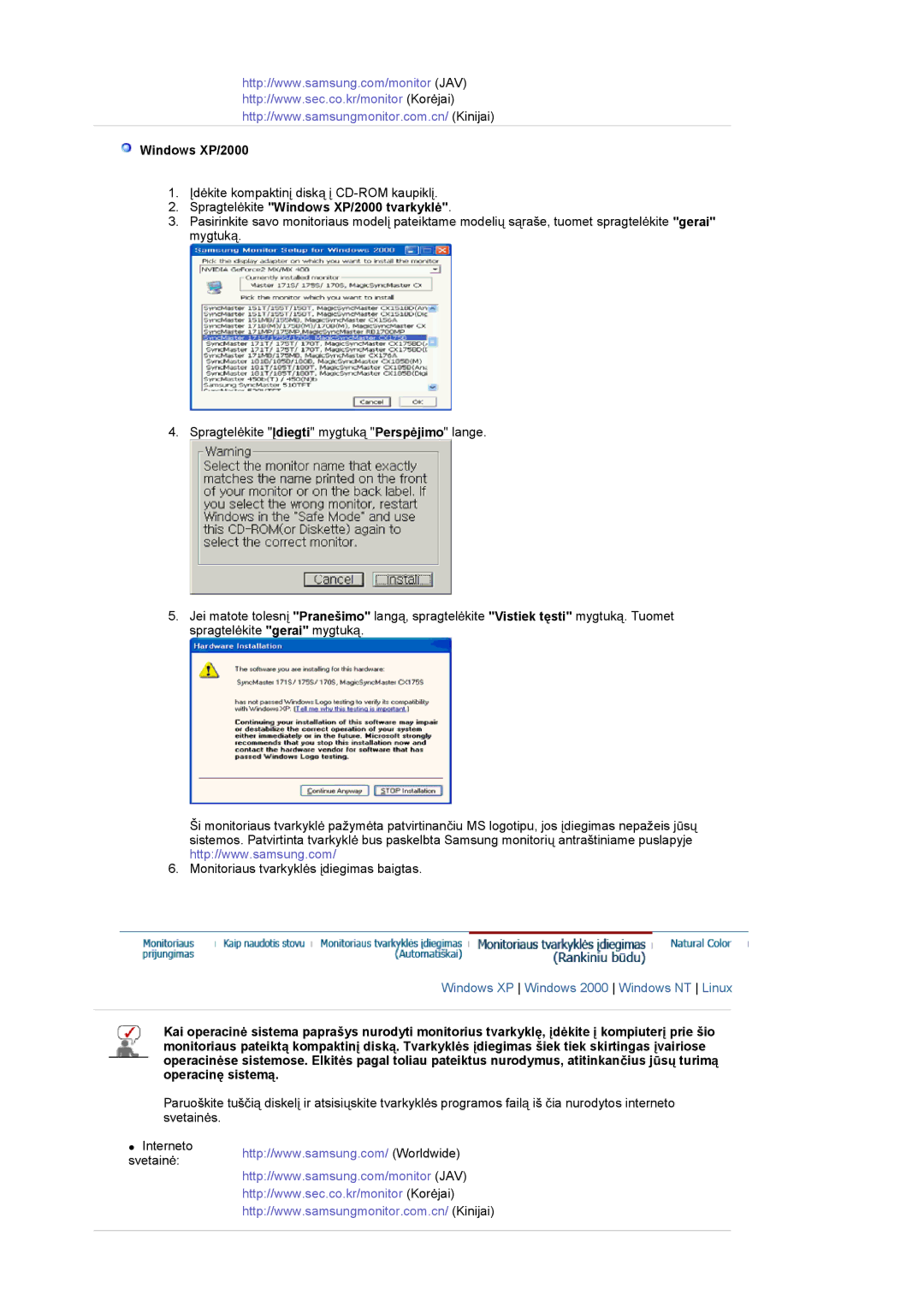 Samsung LS17GSEKS/EDC manual Spragtelơkite Windows XP/2000 tvarkyklơ 