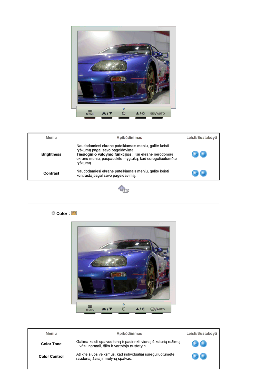 Samsung LS17GSEKS/EDC manual Brightness Contrast, ApibǌdinimasLeisti/Sustabdyti, Color Tone Color Control 