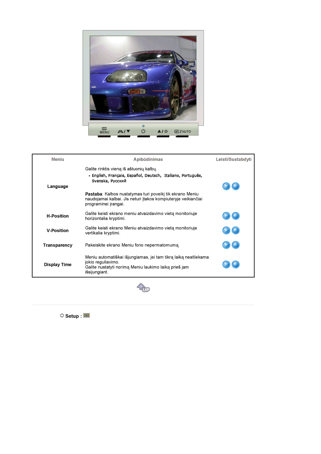 Samsung LS17GSEKS/EDC manual Setup, Language Position Transparency Display Time 