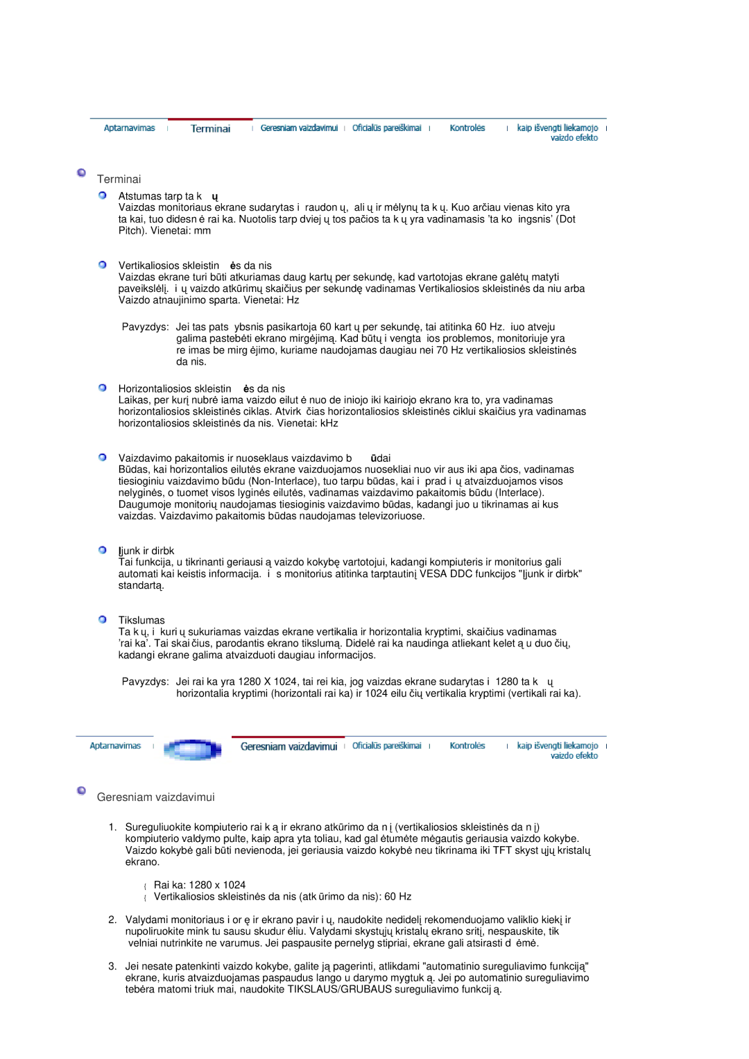 Samsung LS17GSEKS/EDC manual Terminai, Geresniam vaizdavimui 