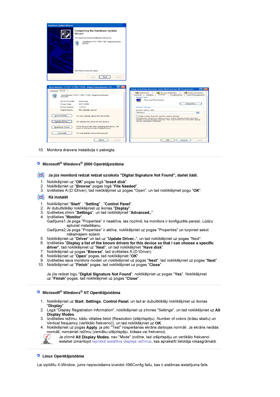 Samsung LS17GSEKS/EDC manual KƗ instalƝt, Microsoft Windows NT OperƝtƗjsistƝma, Linux OperƝtƗjsistƝma 