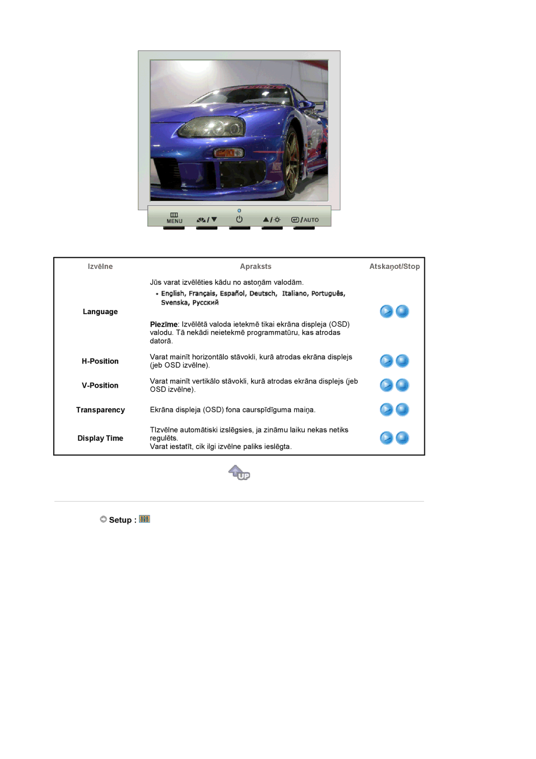 Samsung LS17GSEKS/EDC manual Setup, Language Position Transparency Display Time 