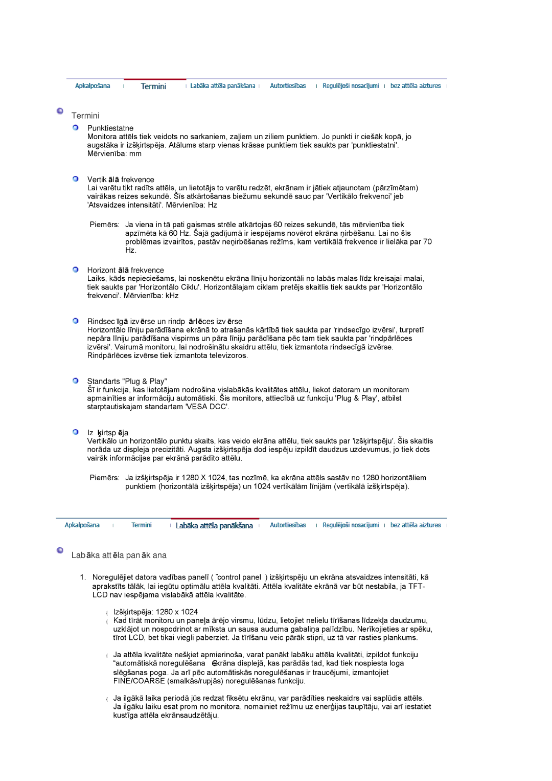 Samsung LS17GSEKS/EDC manual Termini, LabƗka attƝla panƗkšana 