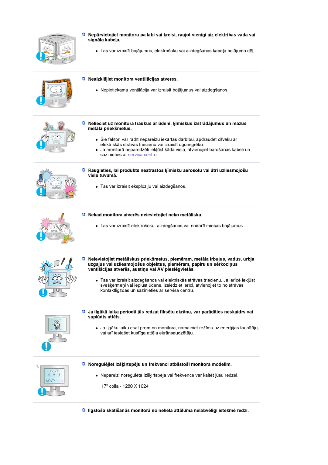 Samsung LS17GSEKS/EDC Neaizklājiet monitora ventilācijas atveres, Nekad monitora atverēs neievietojiet neko metālisku 