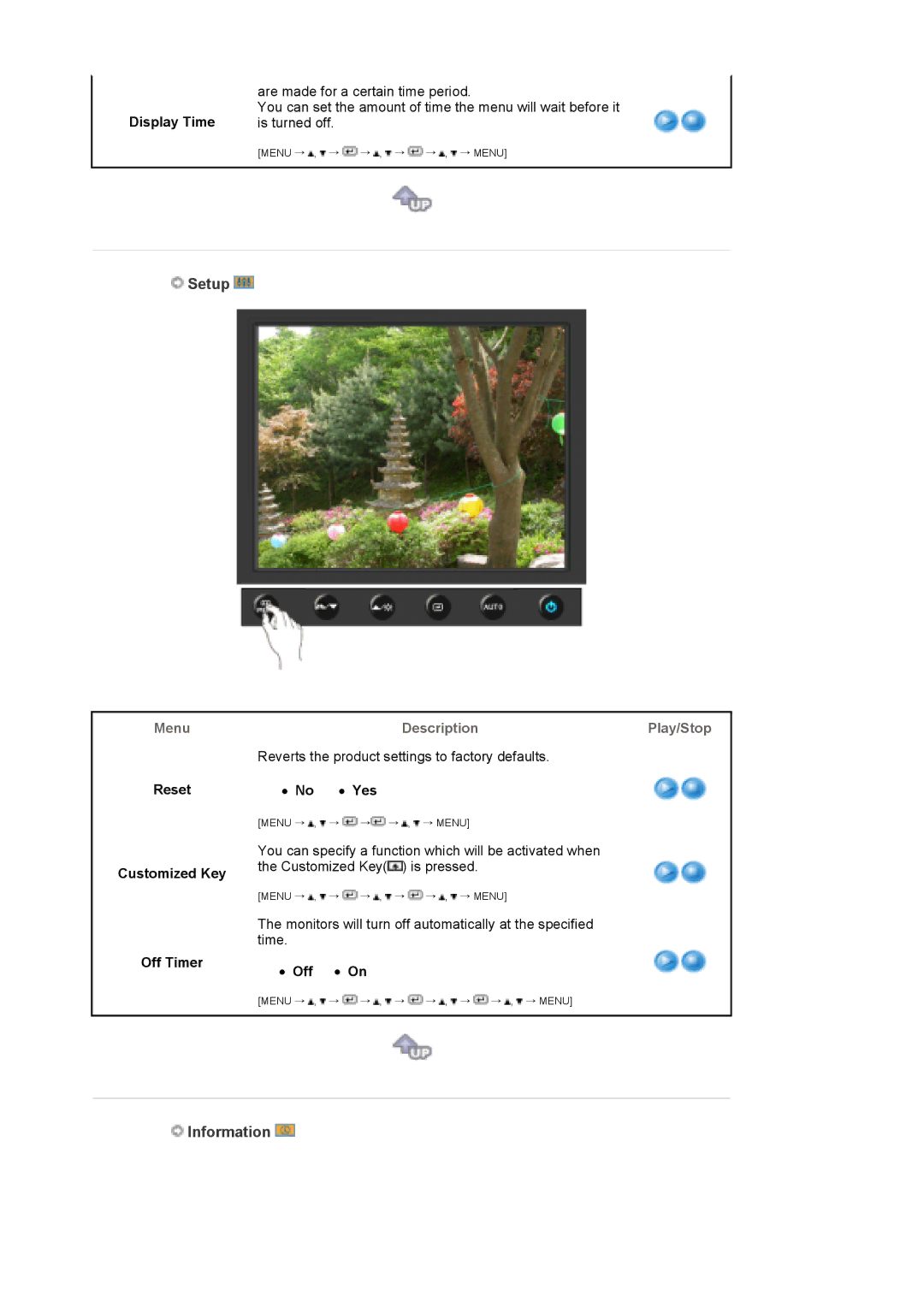 Samsung LS17HAAKNUEDC, LS17HAAKSUEDC Setup, Information, Display Time, Reset Customized Key No z Yes, Off Timer z Off z On 