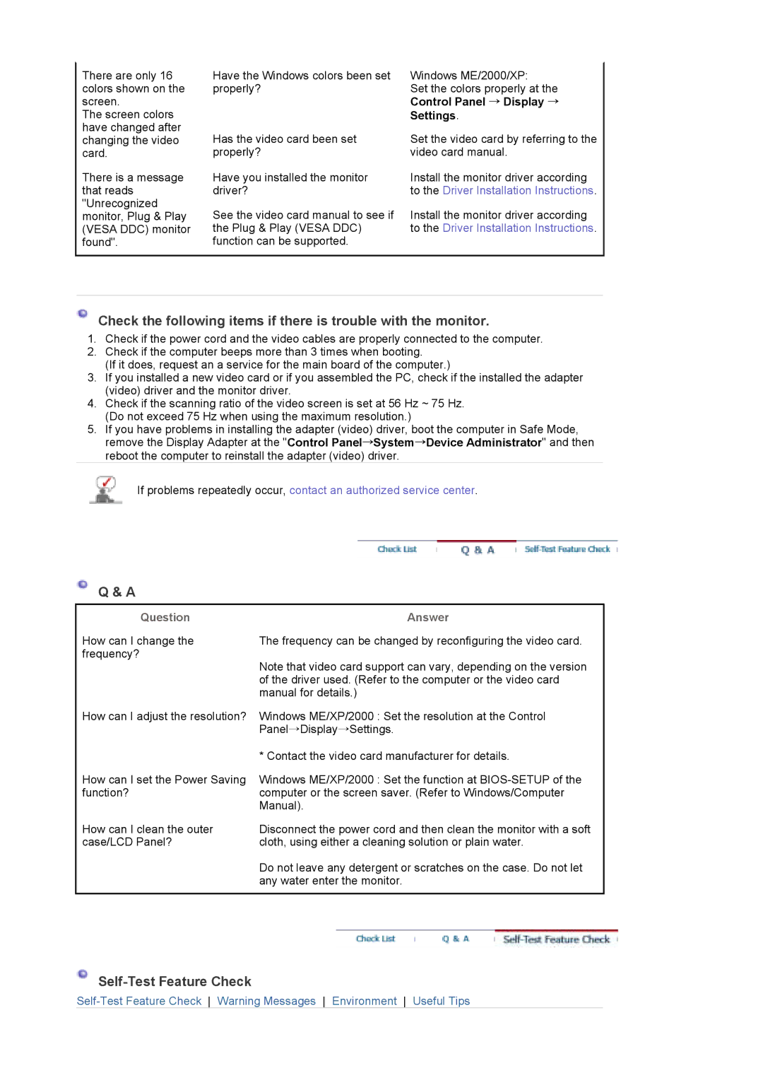 Samsung LS17HAAKBDUEDC, LS17HAAKSUEDC manual Self-Test Feature Check, Control Panel → Display → Settings, Question, Answer 