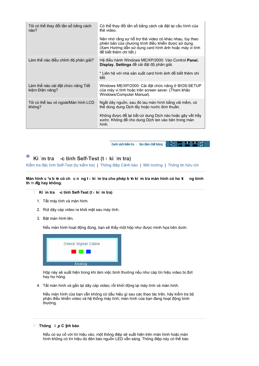 Samsung LS17HAAKS/XSV, LS17HABTBV/XSV, LS19HALKBB/XSV manual KiӇm tra ÿһc tính Self-Test tӵ kiӇm tra, Thông ÿiӋp Cҧnh báo 