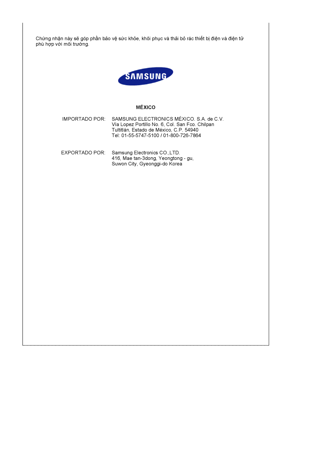 Samsung LS17HALKB/XSV, LS17HABTBV/XSV, LS19HALKBB/XSV, LS15HAAKS/XSV, LS17HAAKS/XSV, LS19HAAKSB/XSV manual México 