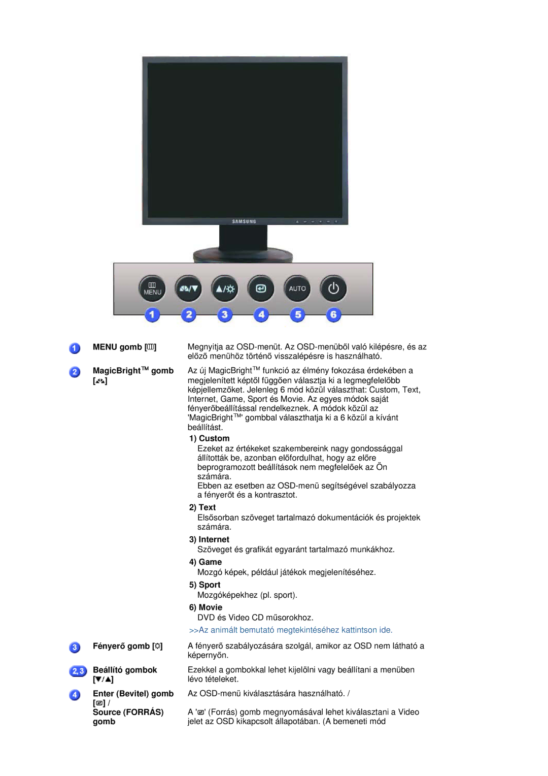 Samsung LS19HAPAS7/EDC manual Menu gomb, MagicBright gomb, Custom, Text, Internet, Game, Sport, Movie, FényerĘ gomb, Gomb 