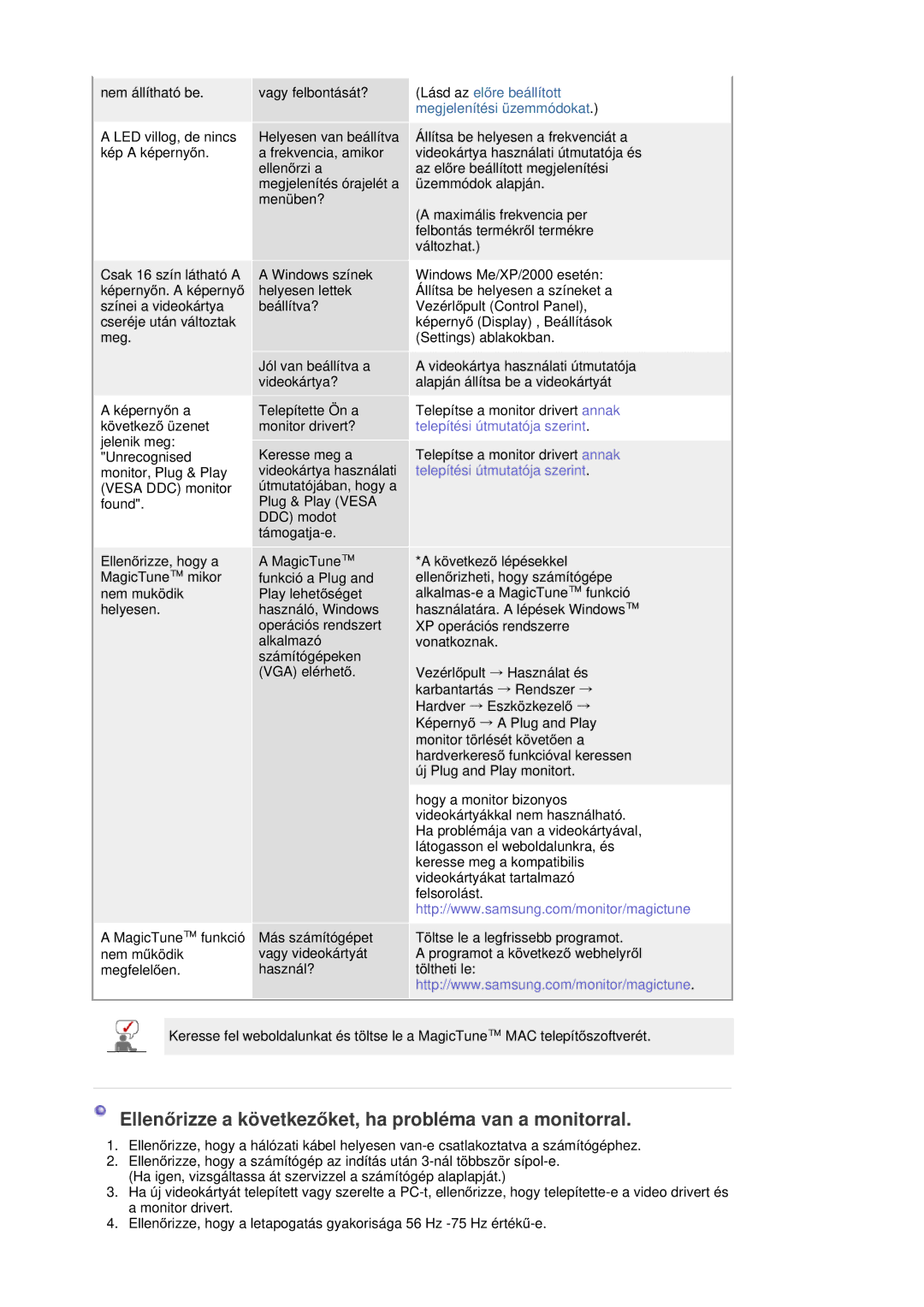 Samsung LS17HAHESQ/EDC, LS17HABTS7/EDC, LS19HATESH/EDC manual EllenĘrizze a következĘket, ha probléma van a monitorral 