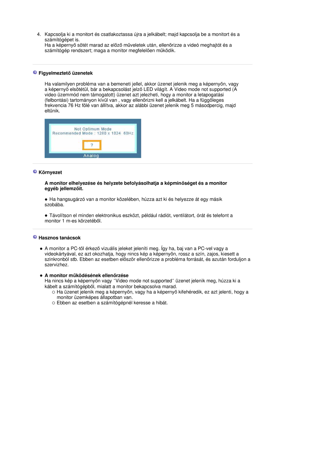 Samsung LS17HAAES/EDC, LS17HABTS7/EDC manual FigyelmeztetĘ üzenetek, Hasznos tanácsok, Monitor mĦködésének ellenĘrzése 