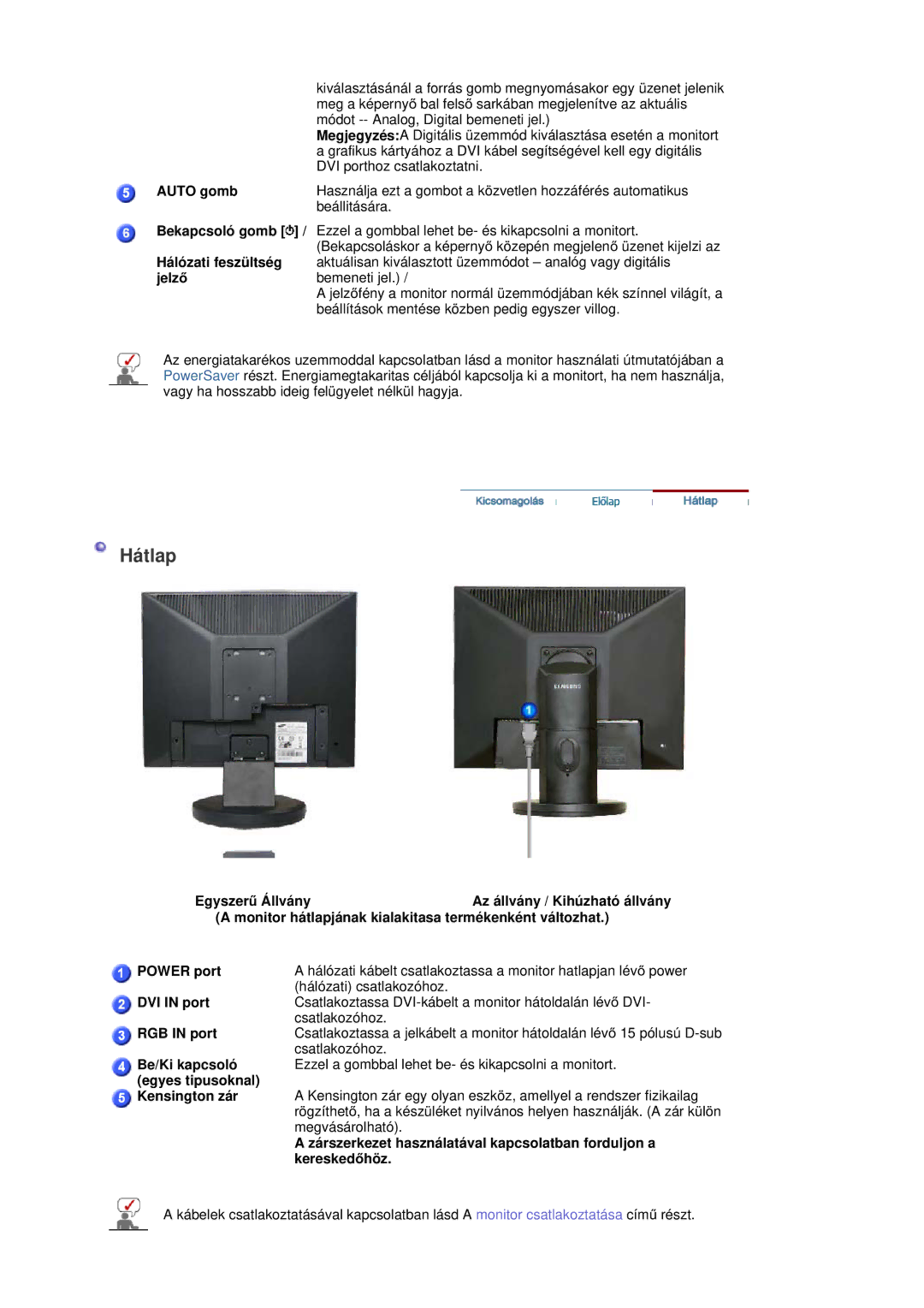 Samsung LS17HALKSB/EDC Auto gomb, Bekapcsoló gomb, Hálózati feszültség, JelzĘ, DVI in port, RGB in port, Be/Ki kapcsoló 