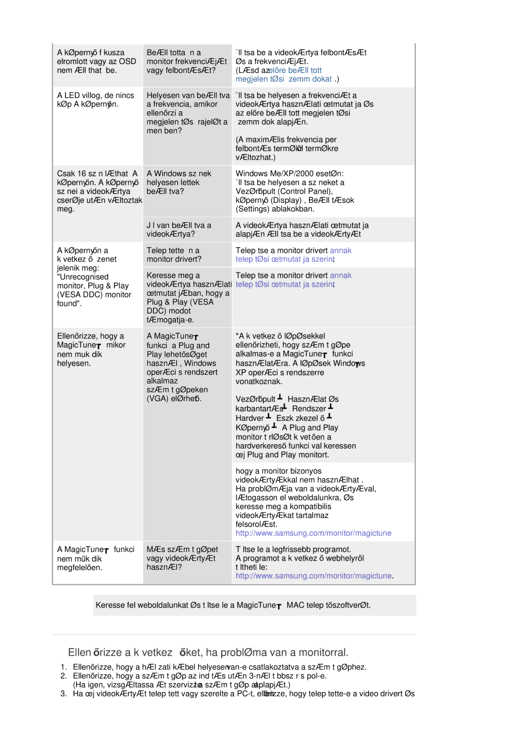 Samsung LS17HAAEB/EDC, LS17HABTS7/EDC, LS19HATESH/EDC manual EllenĘrizze a következĘket, ha probléma van a monitorral 