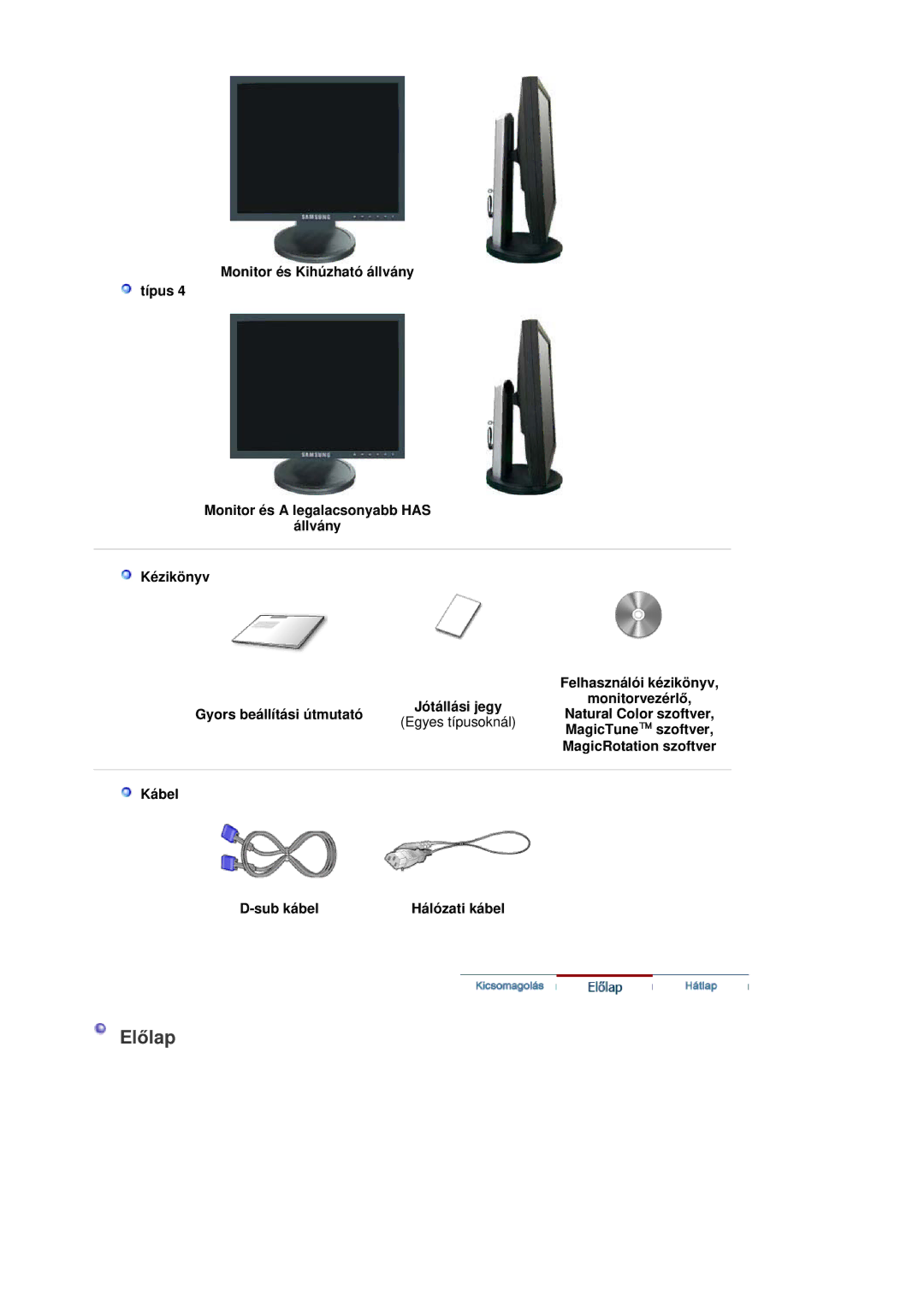 Samsung LS19HAHESQ/EDC, LS17HABTS7/EDC, LS19HATESH/EDC, LS19HALKSB/EDC MagicTune szoftver, Kábel Sub kábel Hálózati kábel 