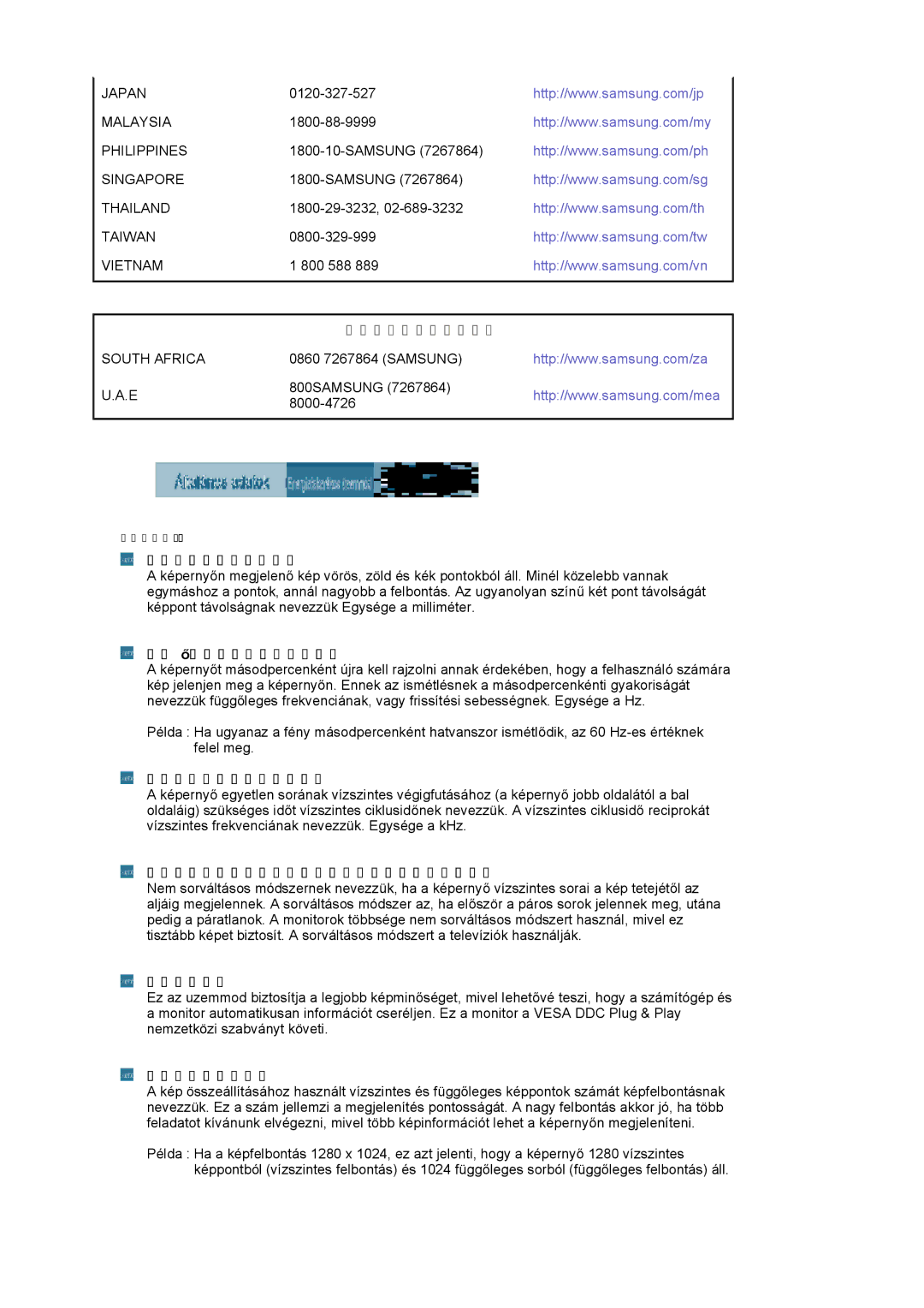 Samsung LS17HAAKS/EDC manual Képpont távolság, Függőleges frekvencia, Vizszintes frekvencia, Plug & Play, Képfelbontás 