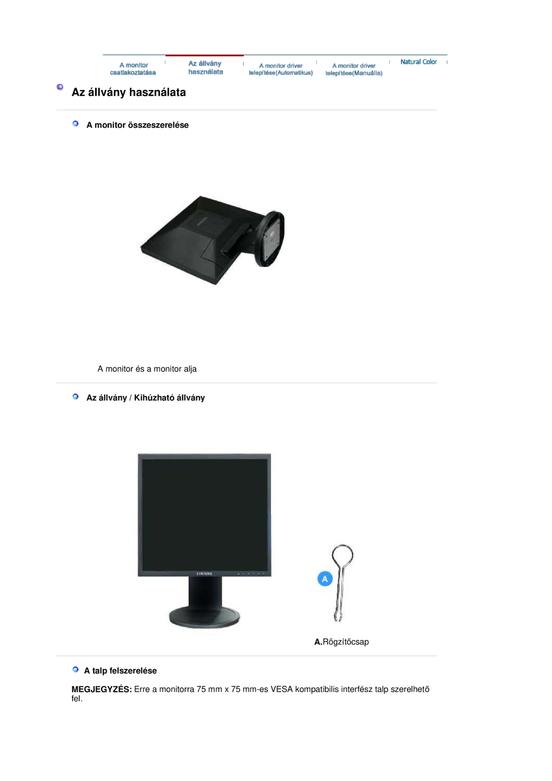 Samsung LS19HATTSQ/EDC, LS17HABTS7/EDC, LS19HATESH/EDC, LS19HALKSB/EDC manual Monitor összeszerelése, Talp felszerelése 