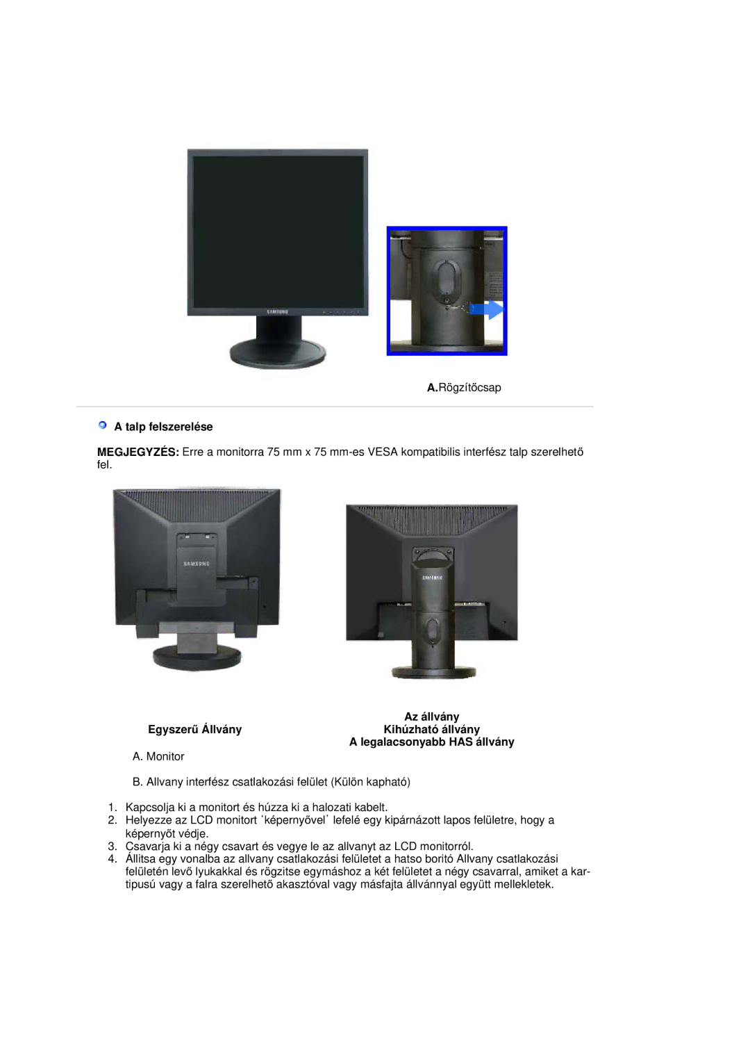 Samsung LS19HATESH/EDC, LS17HABTS7/EDC, LS19HALKSB/EDC, LS17HATTSQ/EDC, LS17HAHESQ/EDC, LS15HAAKS/EDC manual Talp felszerelése 