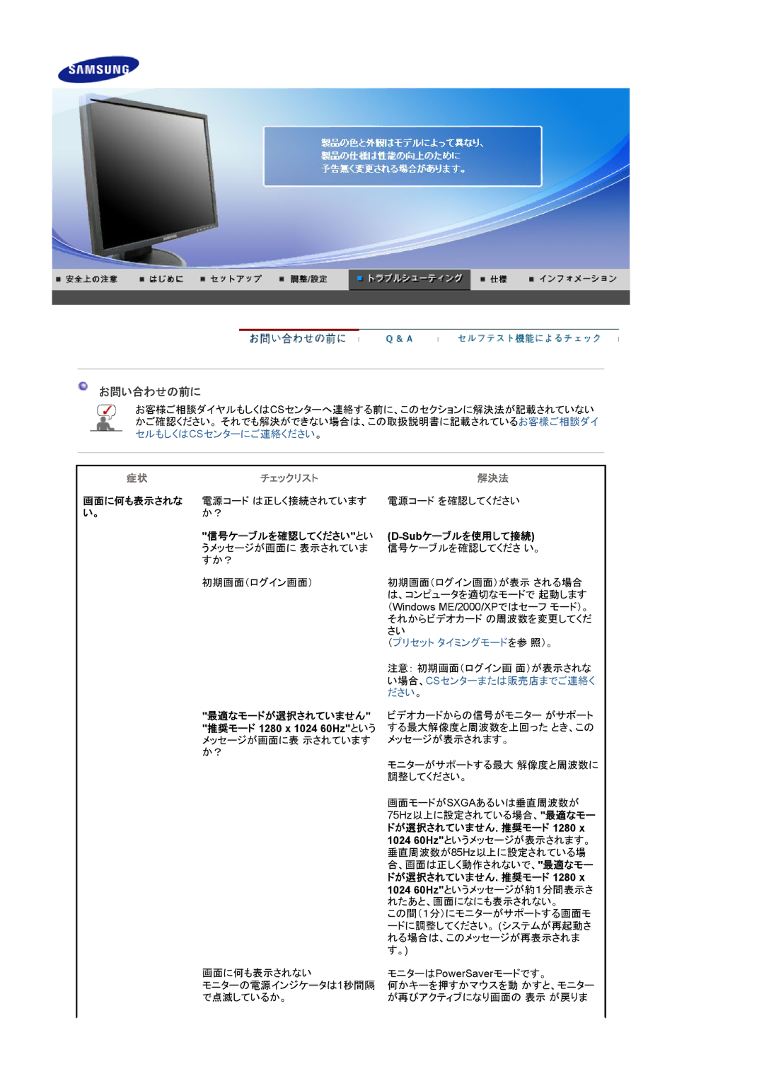 Samsung LS17HALKBY/XSJ, LS17HALKNY/XSJ manual お問い合わせの前に, 画面に何も表示されな, 信号ケーブルを確認してください とい Subケーブルを使用して接続, 最適なモードが選択されていません 