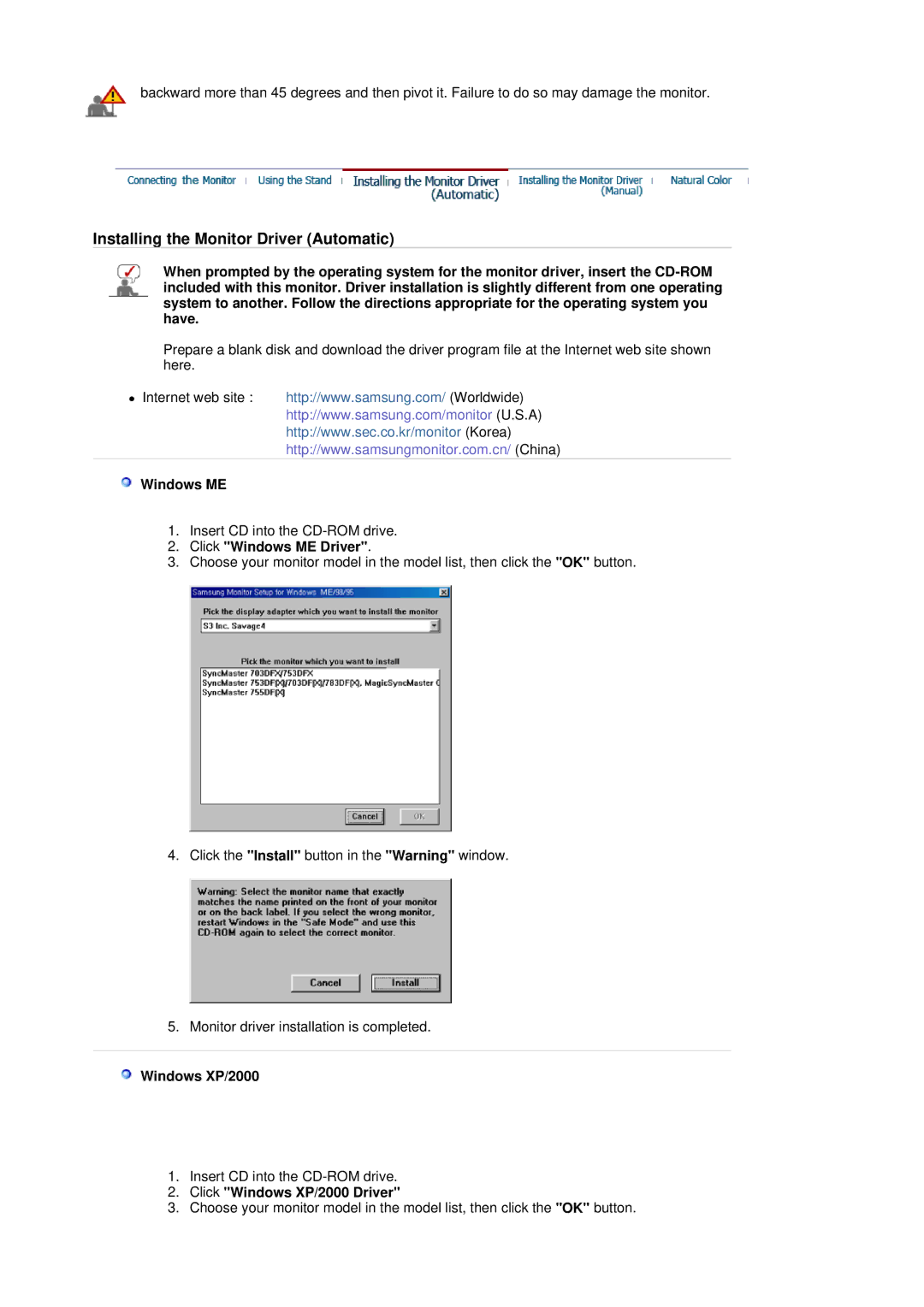 Samsung LS17HJBQHV/XSG, LS17HJBQHV/SAI, LS19HJBQHV/SAI manual Click Windows ME Driver, Click Windows XP/2000 Driver 