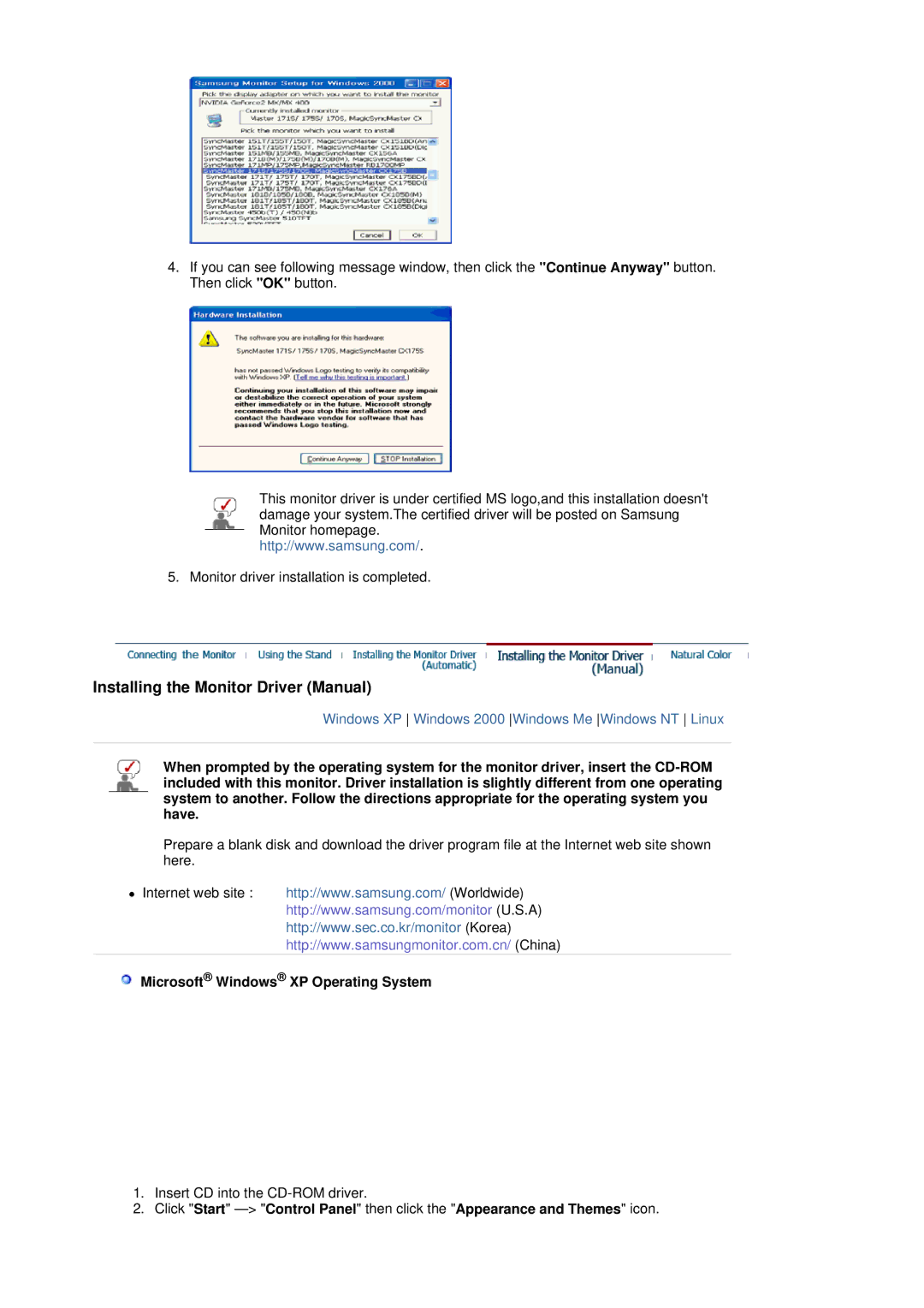 Samsung LS19HJBQHV/SAI, LS17HJBQHV/SAI manual Installing the Monitor Driver Manual, Microsoft Windows XP Operating System 