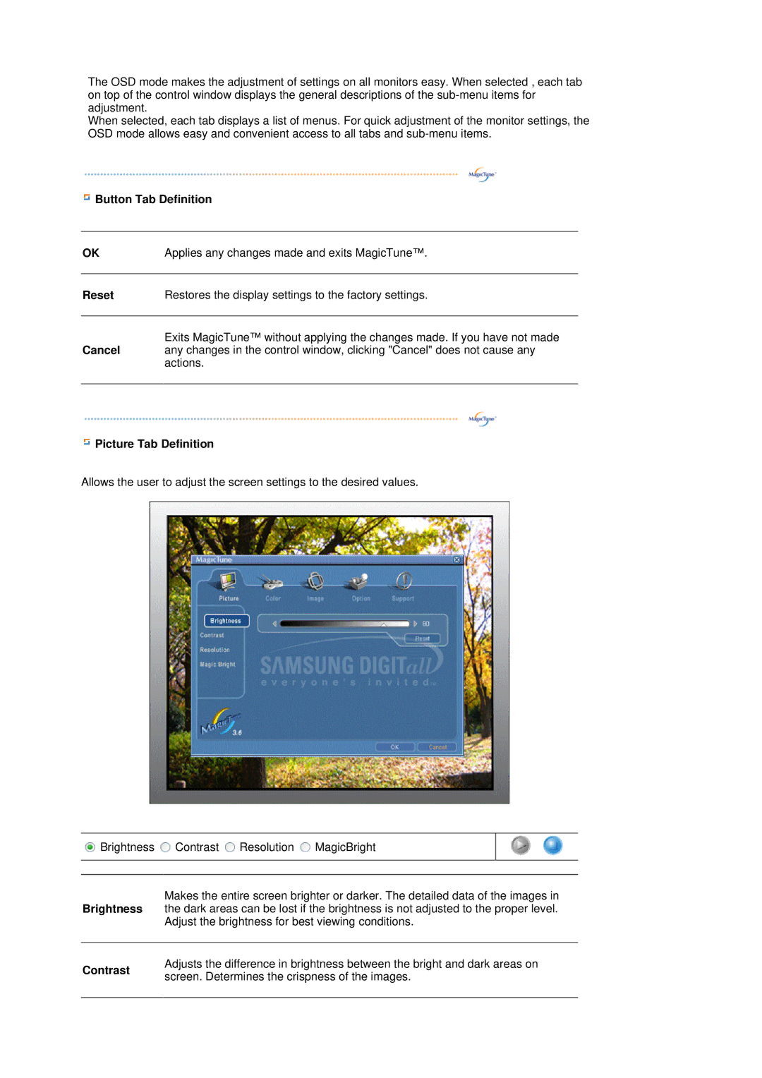 Samsung LS17HJBQHV/XSG, LS17HJBQHV/SAI manual Button Tab Definition, Reset, Cancel, Picture Tab Definition, Contrast 