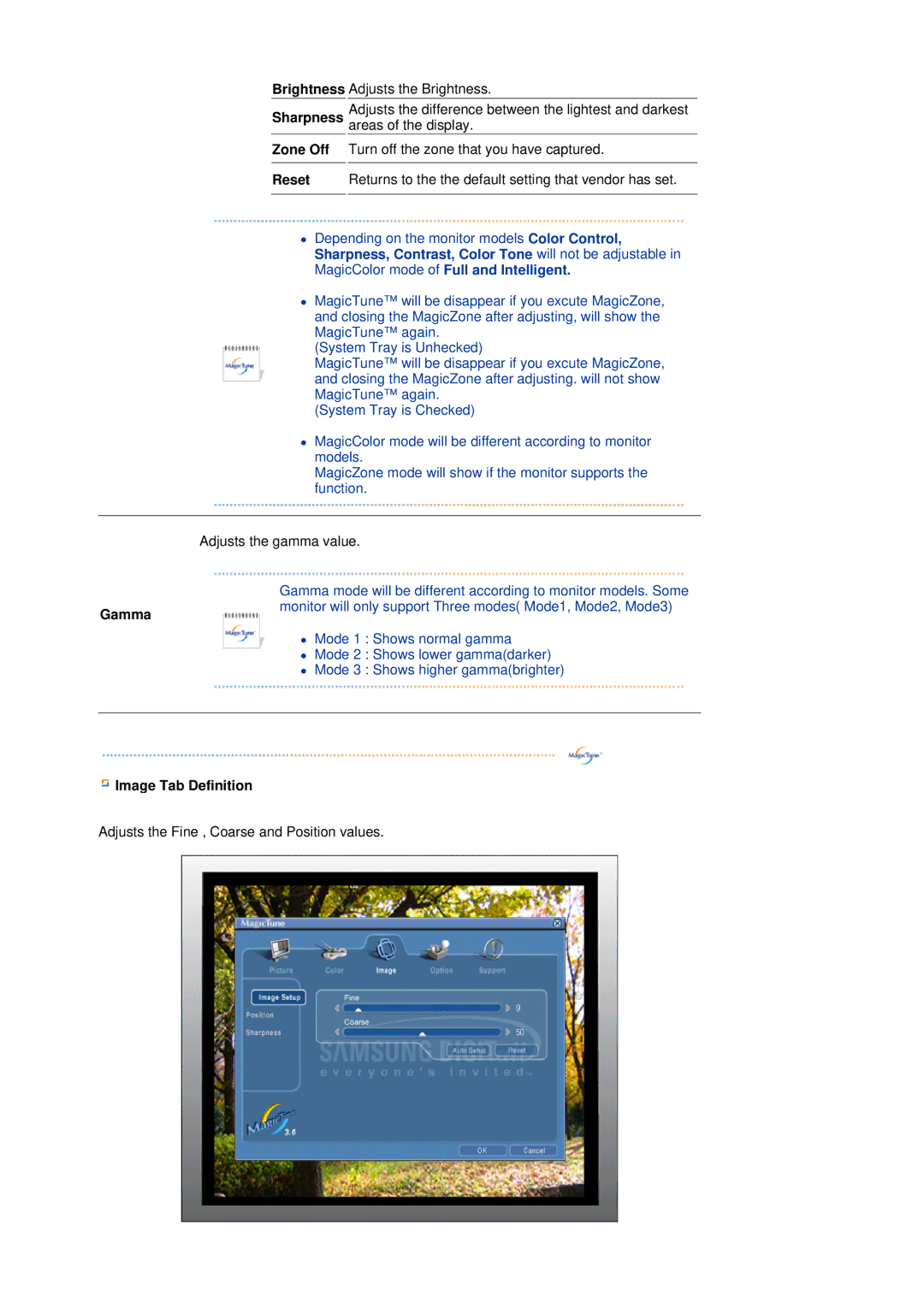 Samsung LS17HJBQHV/XSG, LS17HJBQHV/SAI, LS19HJBQHV/SAI manual Sharpness Zone Off Reset, Image Tab Definition 