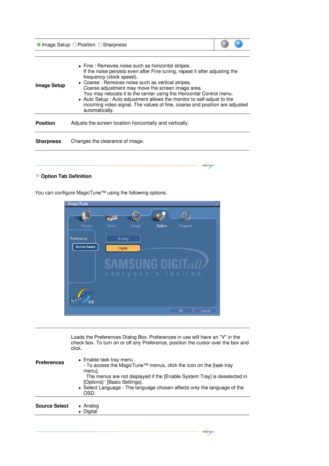 Samsung LS19HJBQHV/SAI, LS17HJBQHV/SAI Image Setup, Position, Sharpness, Option Tab Definition, Preferences, Source Select 