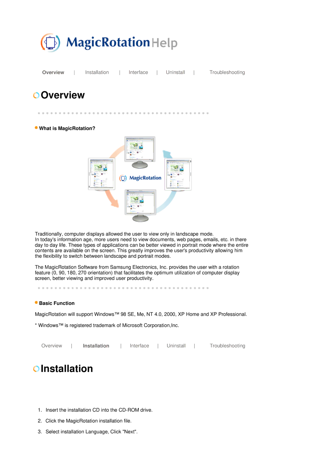 Samsung LS19HJBQHV/SAI, LS17HJBQHV/SAI, LS17HJBQHV/XSG manual Overview, What is MagicRotation?, Basic Function, Installation 