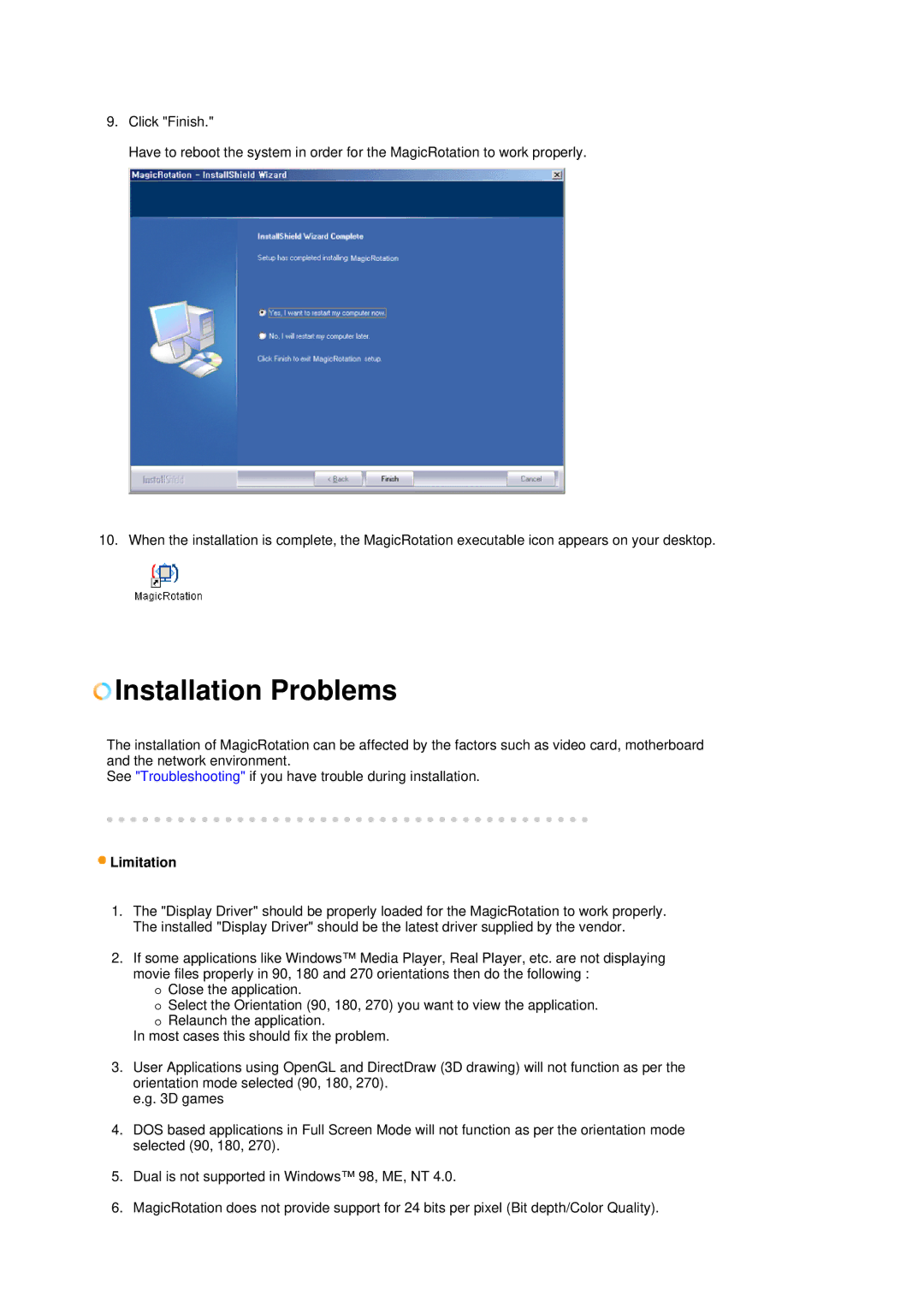 Samsung LS19HJBQHV/SAI, LS17HJBQHV/SAI, LS17HJBQHV/XSG manual Installation Problems, Limitation 