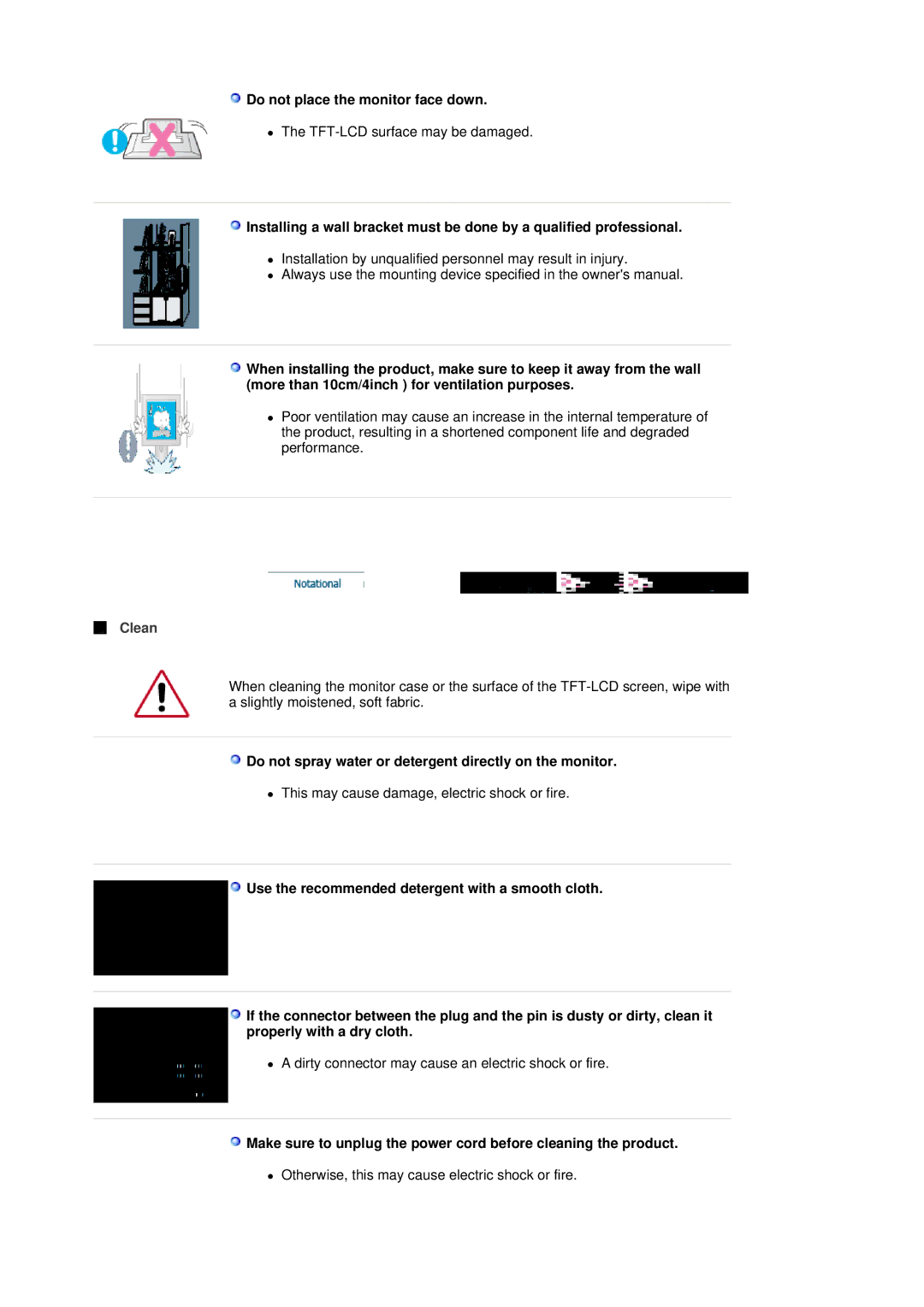 Samsung LS19HJBQHV/SAI Do not place the monitor face down, Clean, Do not spray water or detergent directly on the monitor 