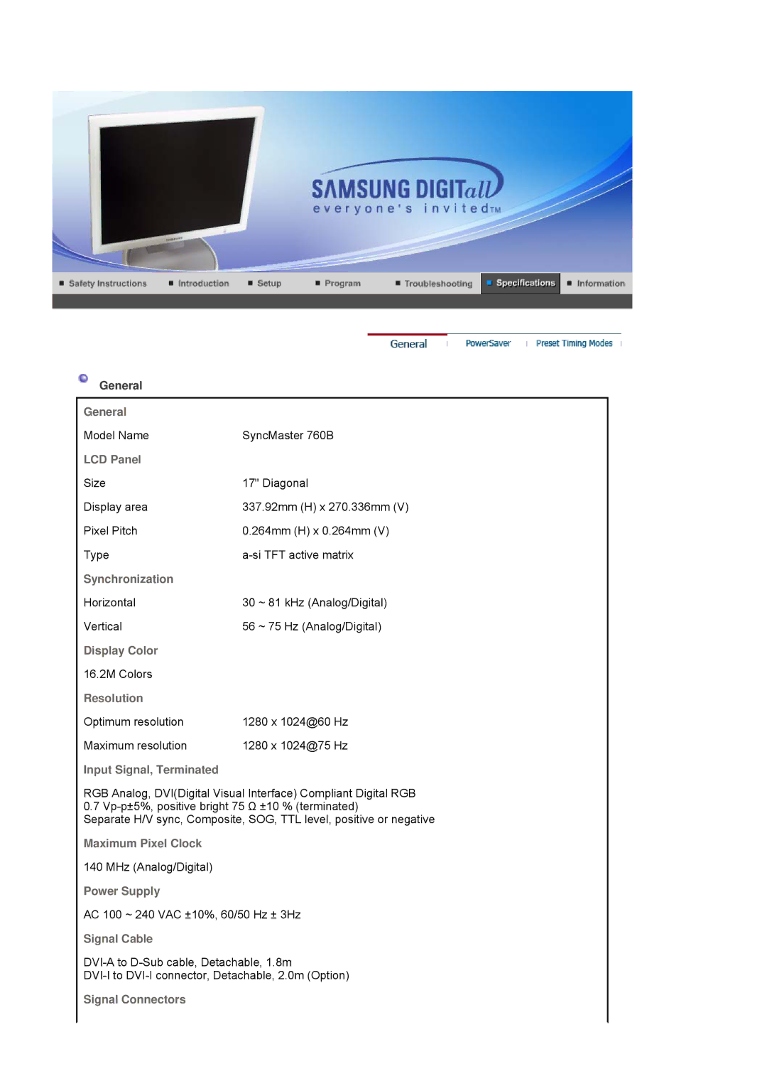 Samsung LS17HJBQHV/SAI manual General, LCD Panel, Synchronization, Display Color, Resolution, Input Signal, Terminated 