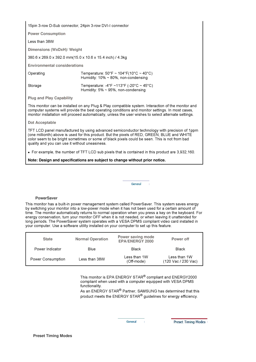 Samsung LS17HJBQHV/XSG Power Consumption, Dimensions WxDxH/ Weight, Environmental considerations, Plug and Play Capability 