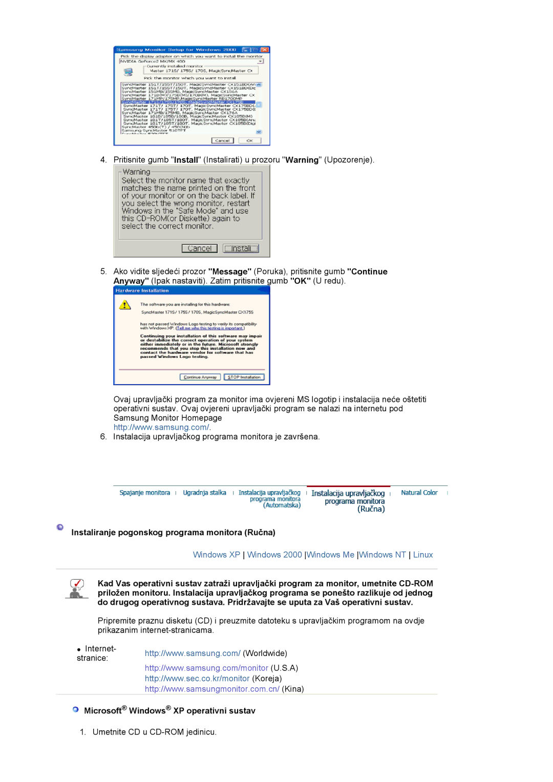 Samsung LS17HJDQHV/EDC manual Instaliranje pogonskog programa monitora Ručna, Microsoft Windows XP operativni sustav 