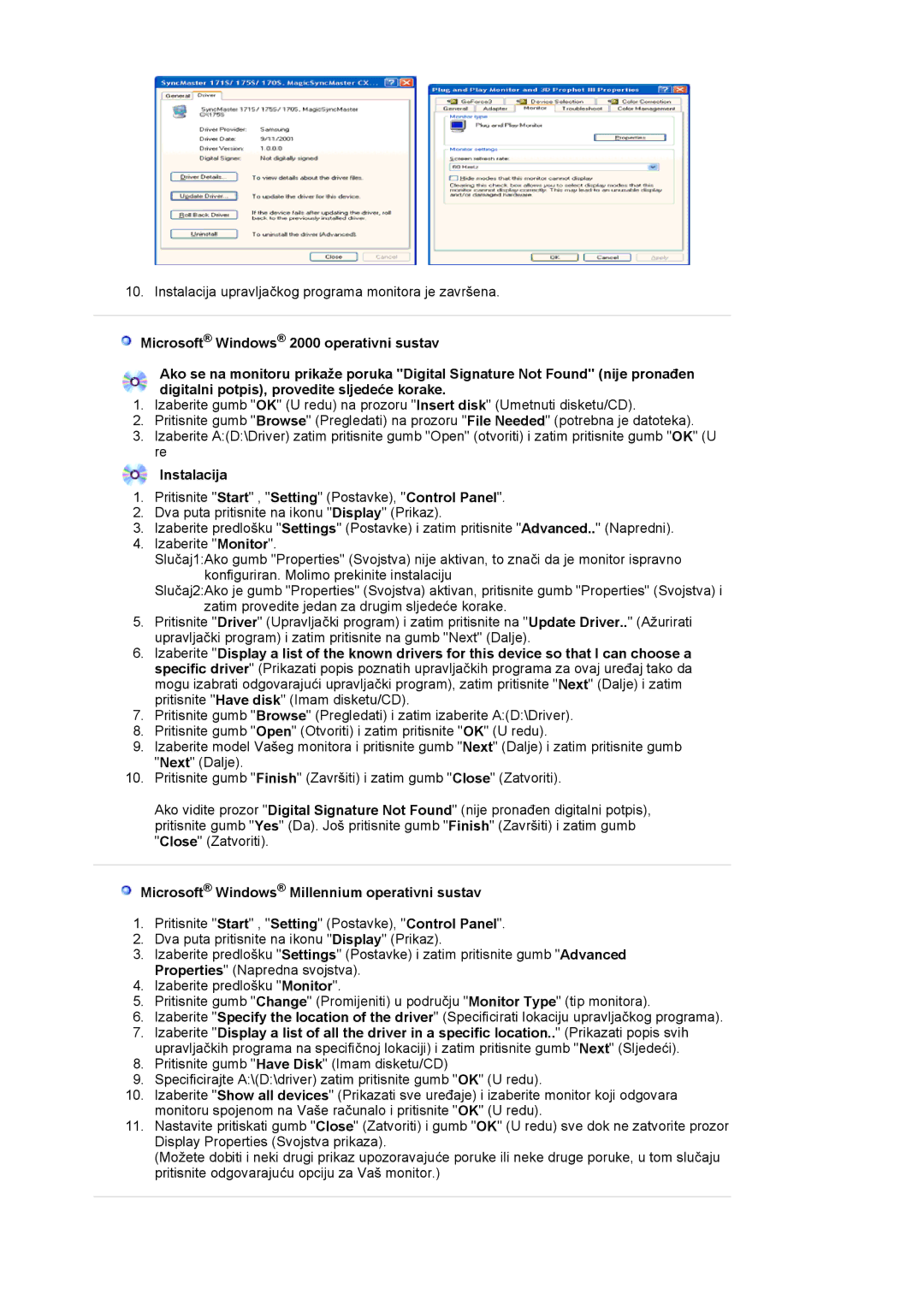 Samsung LS17HJDQHV/EDC, LS19HJDQHV/EDC, LS17HJDQFV/EDC manual Instalacija, Microsoft Windows Millennium operativni sustav 