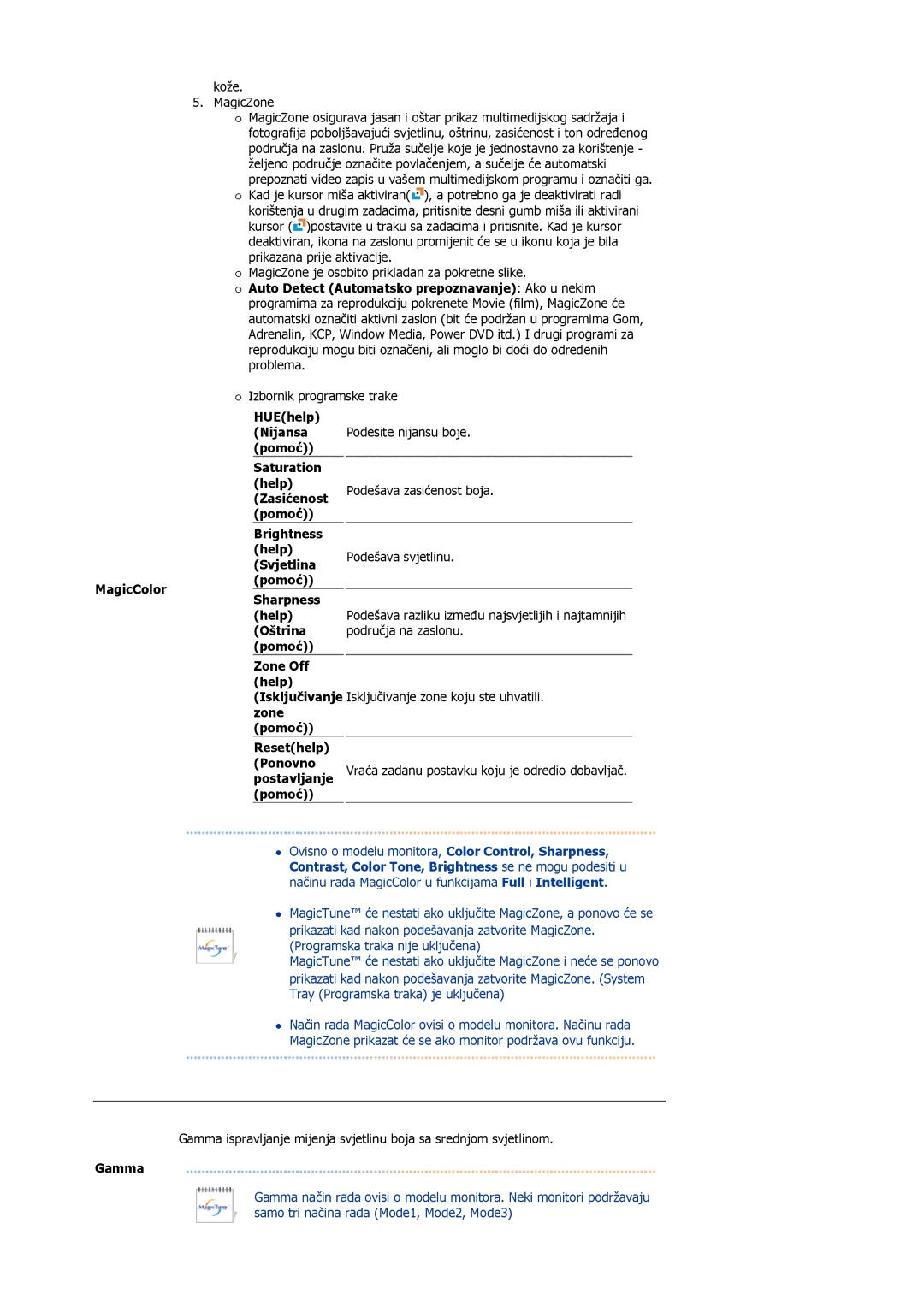 Samsung LS17HJDQFV/EDC, LS17HJDQHV/EDC, LS19HJDQHV/EDC manual HUEhelp, Pomoć Saturation, Resethelp, Gamma 