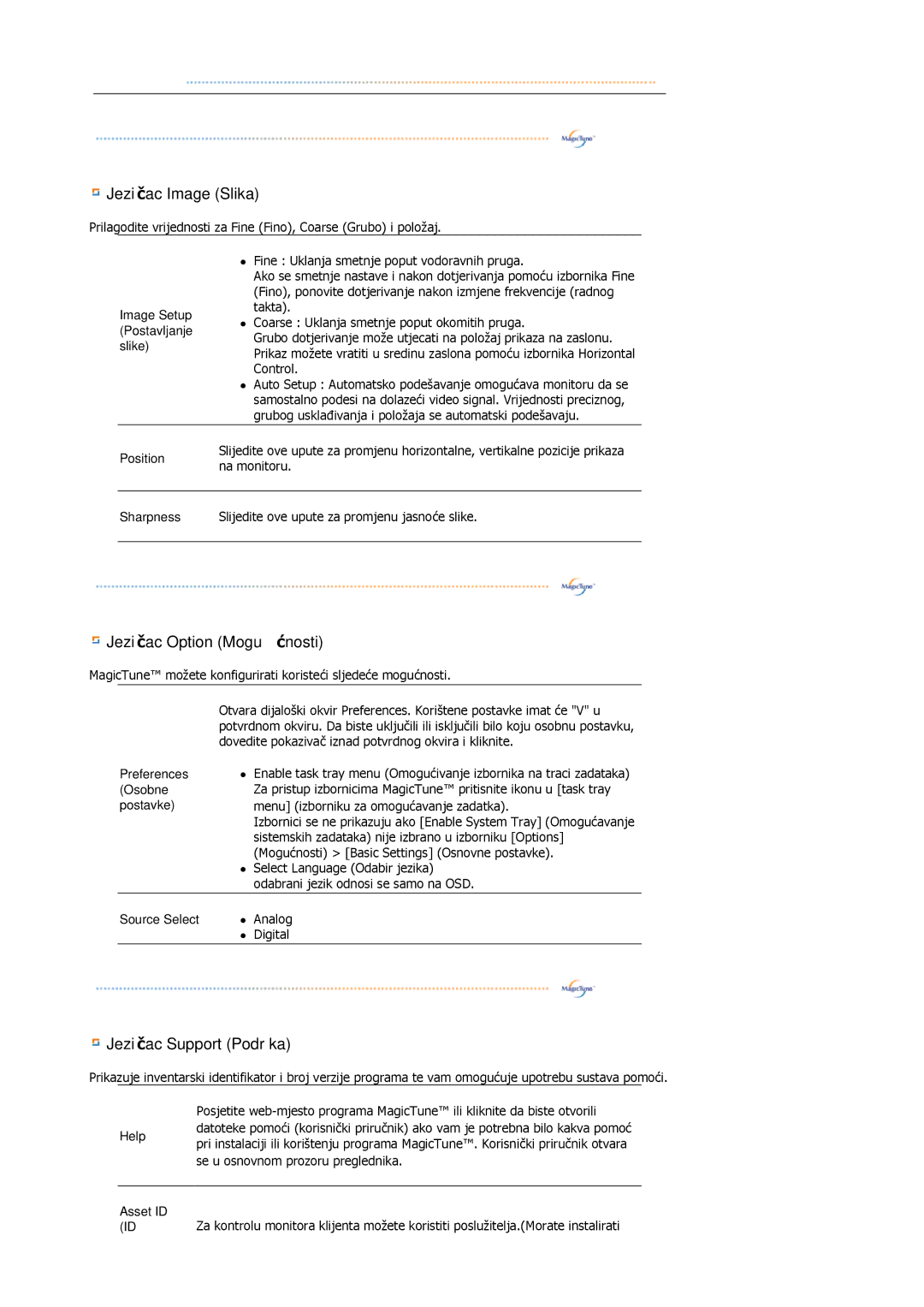 Samsung LS17HJDQHV/EDC Image Setup Postavljanje slike, Position, Preferences, Osobne, Postavke, Source Select, Asset ID 