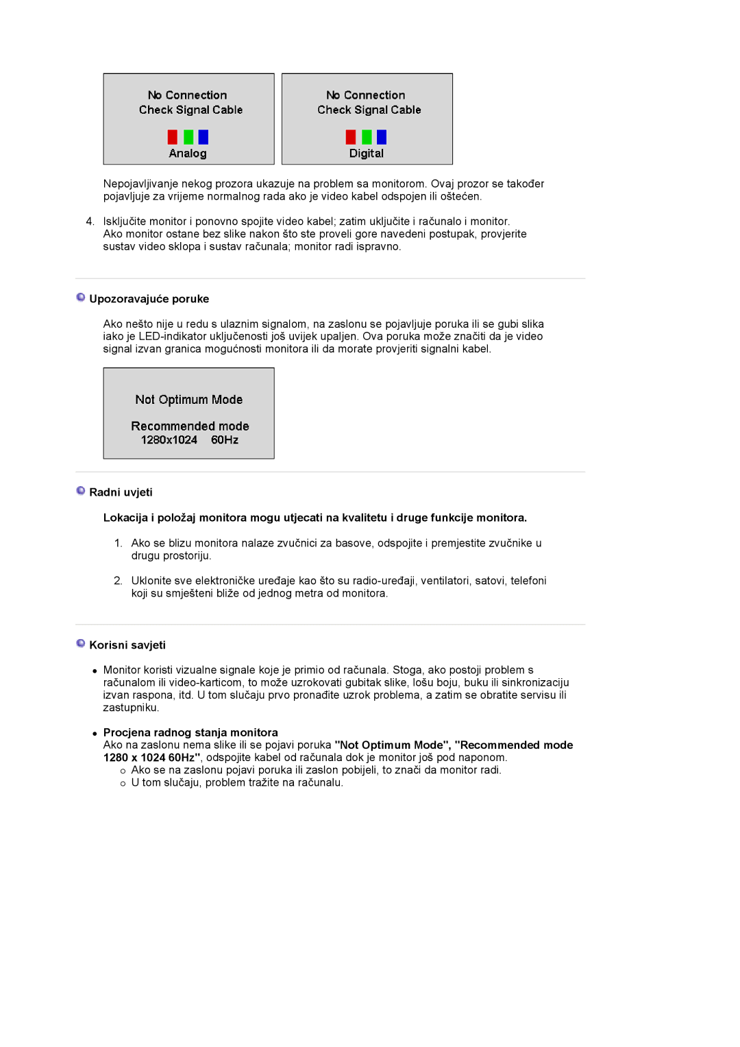 Samsung LS19HJDQHV/EDC, LS17HJDQHV/EDC manual Upozoravajuće poruke, Korisni savjeti, Procjena radnog stanja monitora 