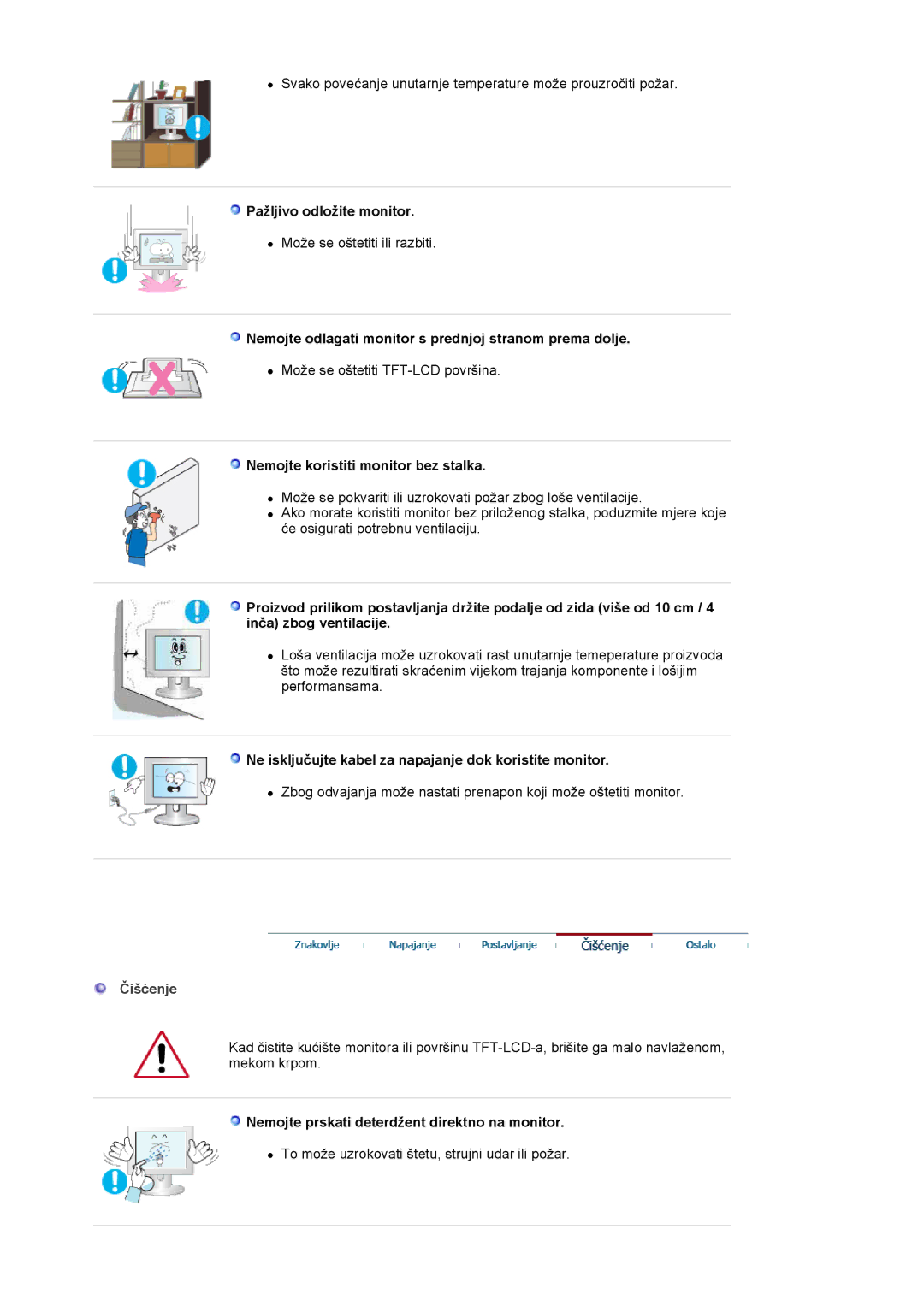 Samsung LS17HJDQFV/EDC manual Pažljivo odložite monitor, Nemojte odlagati monitor s prednjoj stranom prema dolje, Čišćenje 