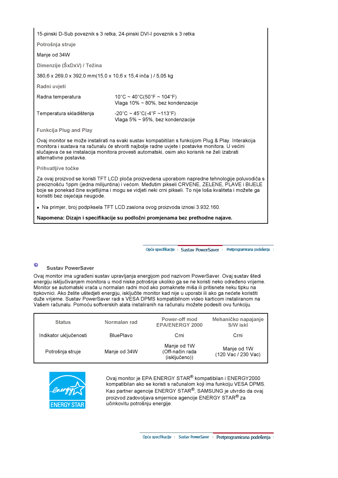 Samsung LS17HJDQHV/EDC, LS19HJDQHV/EDC, LS17HJDQFV/EDC manual Radni uvjeti, Sustav PowerSaver 