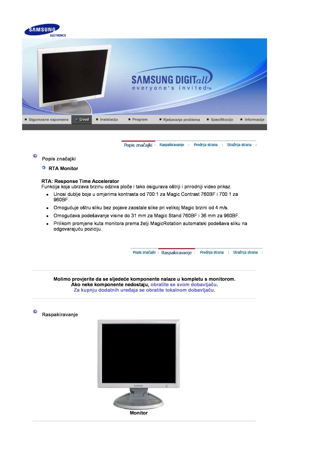 Samsung LS19HJDQHV/EDC, LS17HJDQHV/EDC, LS17HJDQFV/EDC manual Popis značajki, Raspakiravanje 